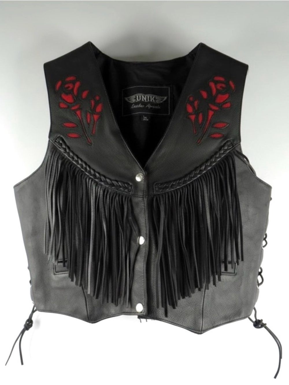 Unik Black Leather Fringe Vest with Red Rose Size L